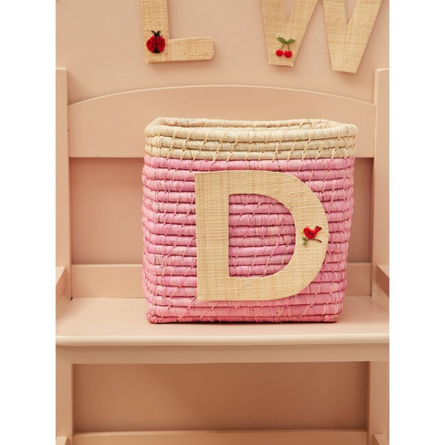 Raffia Contrast Border Square Basket With Embroidery On Raffia Letter - D, Pink & Natural - Storage - 2