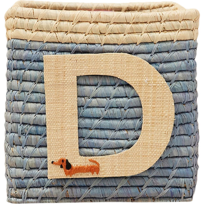 Raffia Contrast Border Square Basket With Embroidery On Raffia Letter - D, Blue & Natural