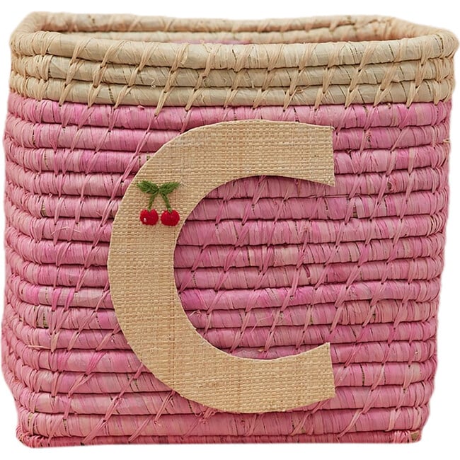 Raffia Contrast Border Square Basket With Embroidery On Raffia Letter - C, Pink & Natural