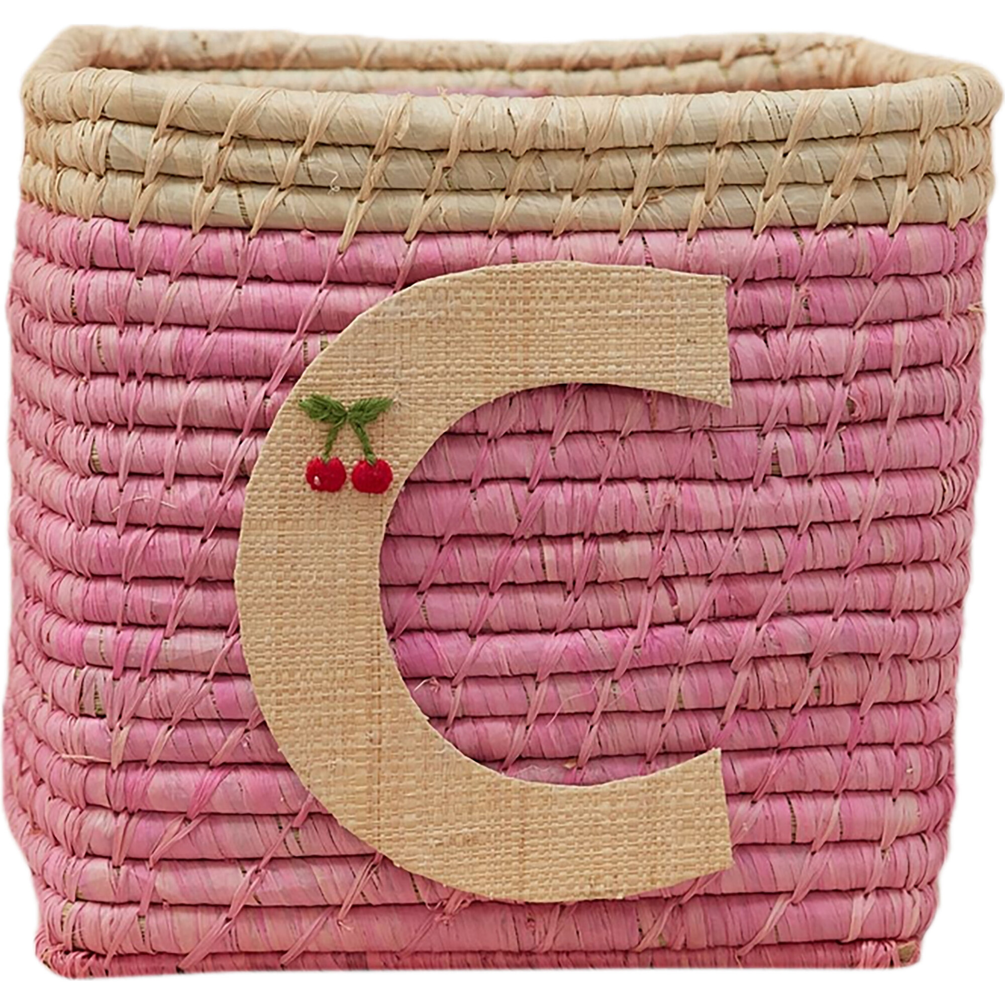 Raffia Contrast Border Square Basket With Embroidery On Raffia Letter - C, Pink & Natural - Storage - 1
