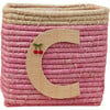 Raffia Contrast Border Square Basket With Embroidery On Raffia Letter - C, Pink & Natural - Storage - 1 - thumbnail