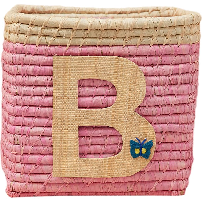 Raffia Contrast Border Square Basket With Embroidery On Raffia Letter - B, Pink & Natural