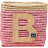 Raffia Contrast Border Square Basket With Embroidery On Raffia Letter - B, Pink & Natural - Storage - 1 - thumbnail