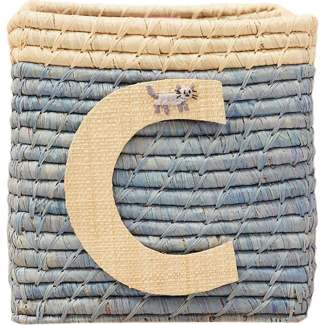Raffia Contrast Border Square Basket With Embroidery On Raffia Letter - C, Blue & Natural