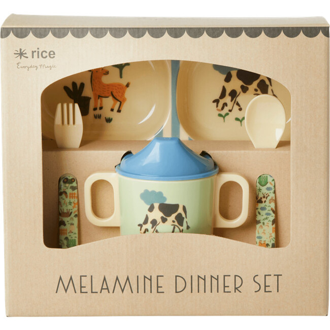 Printed Melamine 4-Piece Baby Dinner Set In Gift Box, Blue Farm