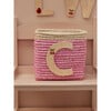 Raffia Contrast Border Square Basket With Embroidery On Raffia Letter - C, Pink & Natural - Storage - 2