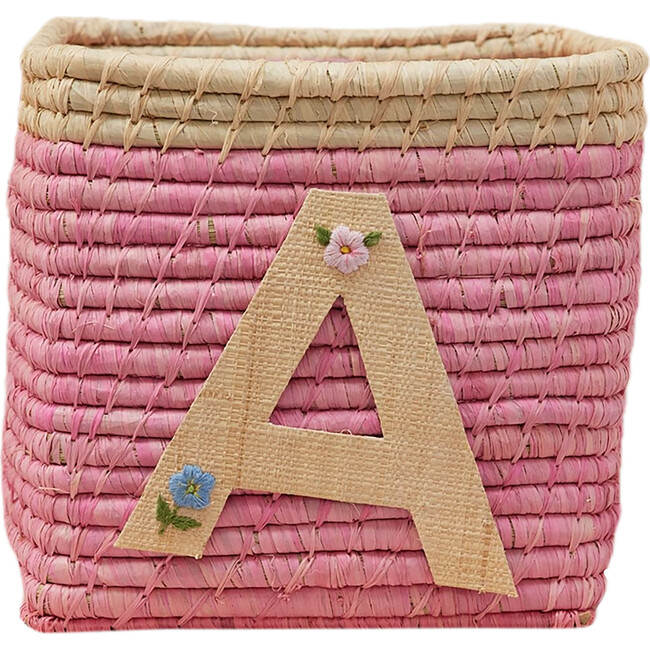 Raffia Contrast Border Square Basket With Embroidery On Raffia Letter - A, Pink & Natural