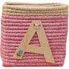 Raffia Contrast Border Square Basket With Embroidery On Raffia Letter - A, Pink & Natural - Storage - 1 - thumbnail