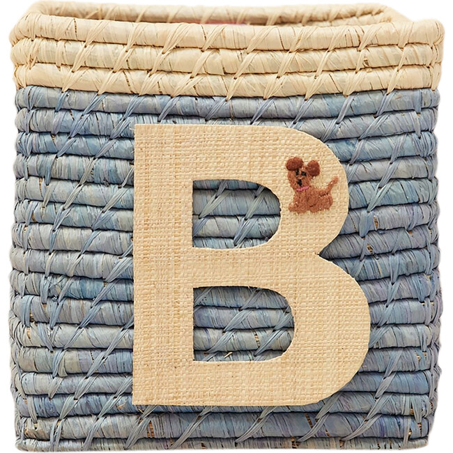 Raffia Contrast Border Square Basket With Embroidery On Raffia Letter - B, Blue & Natural