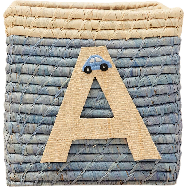 Raffia Contrast Border Square Basket With Embroidery On Raffia Letter - A, Blue & Natural