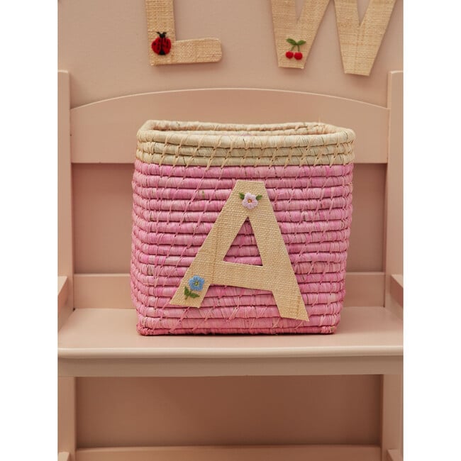 Raffia Contrast Border Square Basket With Embroidery On Raffia Letter - A, Pink & Natural - Storage - 2