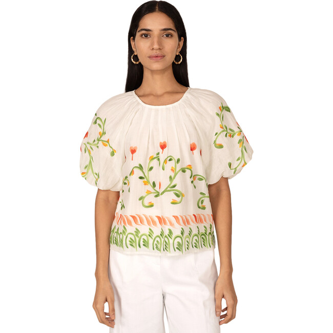 Women's Oana Floral Folk Art Motif Puff Sleeve Top, Multicolors