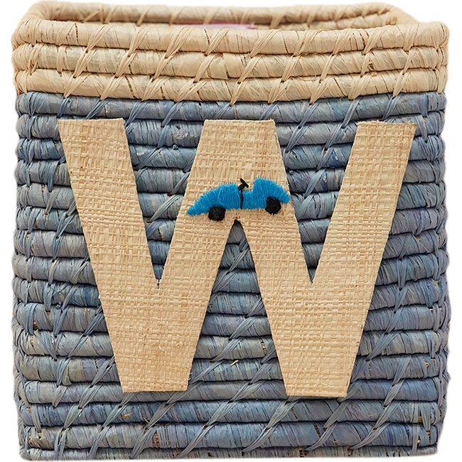 Raffia Contrast Border Square Basket With Embroidery On Raffia Letter - W, Blue & Natural