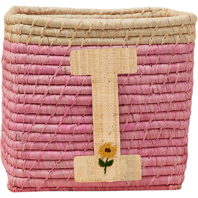 Raffia Contrast Border Square Basket With Embroidery On Raffia Letter - I, Pink & Natural
