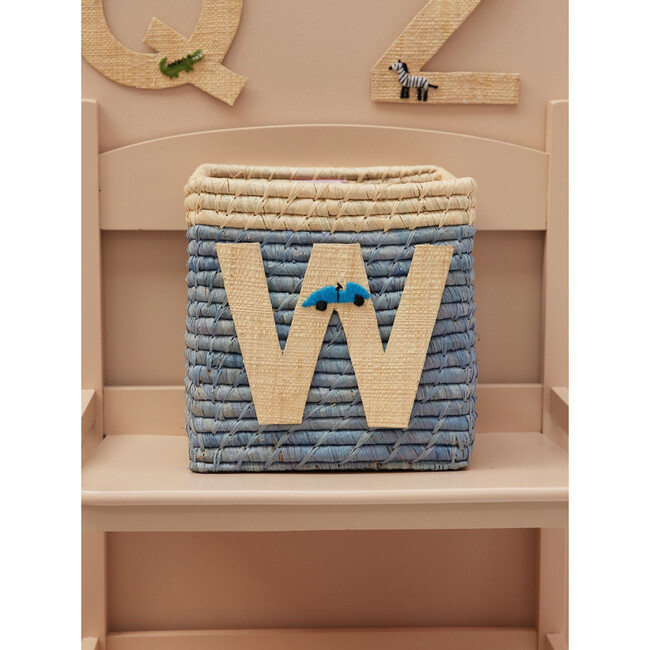 Raffia Contrast Border Square Basket With Embroidery On Raffia Letter - W, Blue & Natural - Storage - 2