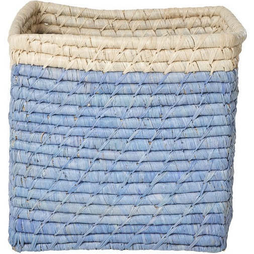 Raffia Contrast Border Square Basket With Embroidery On Raffia Letter - W, Blue & Natural - Storage - 3