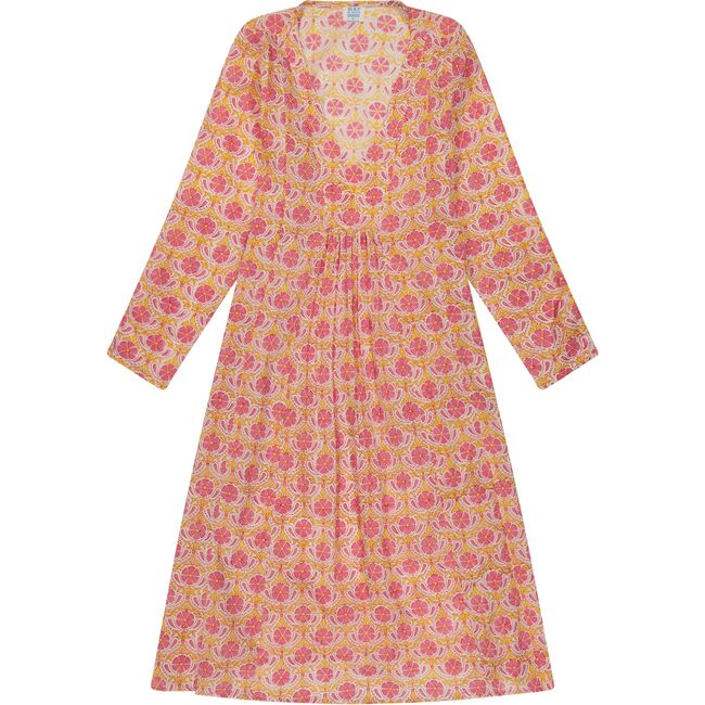 Women's Poppy Block Print V-Neck Fit-N-Flare Long Sleeve Caftan  Dress, Pink