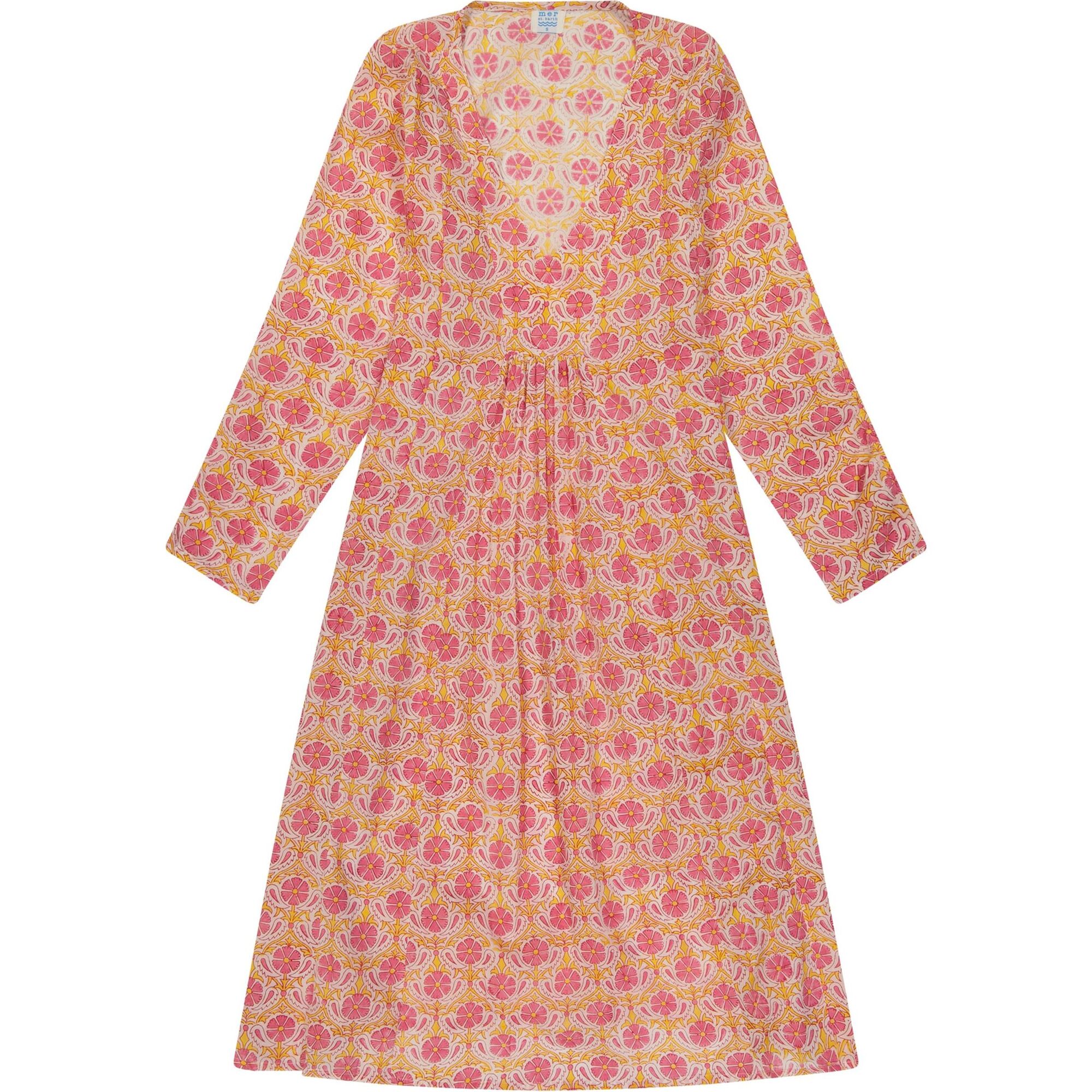 Women's Poppy Block Print V-Neck Fit-N-Flare Long Sleeve Caftan  Dress, Pink - Cover-Ups - 1