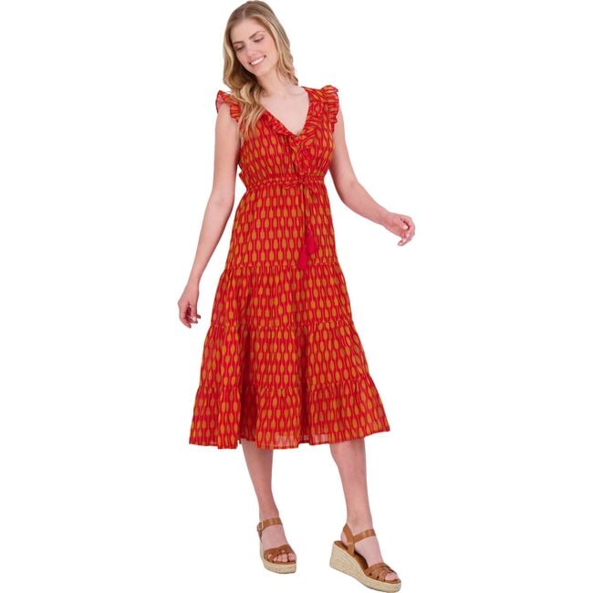 Women's Giselle Ikat V-Neck Ruffle Sleeve Maxi Dress, Red & Gold - Dresses - 2