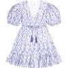 Women's Florence Ikat Baloon Sleeve Tie Waist Mini Tired Dress, Blue - Dresses - 1 - thumbnail