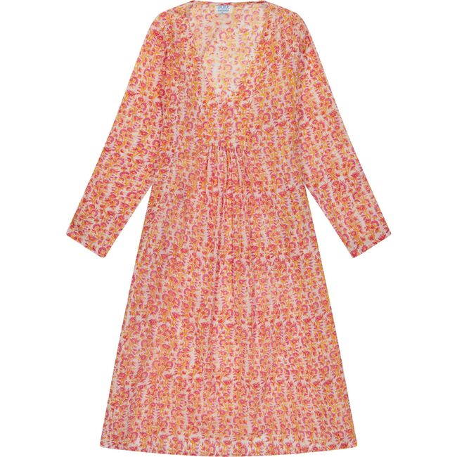 Women's Floral Block Print V-Neck Fit-N-Flare Long Sleeve Caftan  Dress, Pink