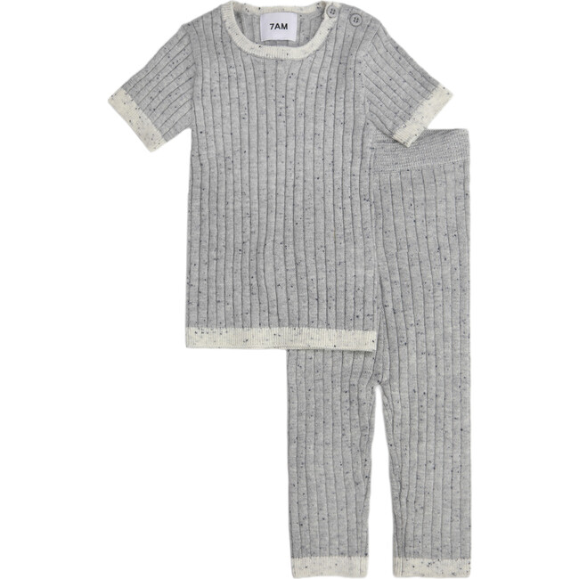 Ribbed Knit Short Sleeve Retro Top, Heather Grey - Shirts - 2