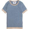 Ribbed Knit Short Sleeve Retro Top, Lake Blue - Shirts - 1 - thumbnail