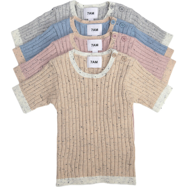 Ribbed Knit Short Sleeve Retro Top, Heather Grey - Shirts - 6