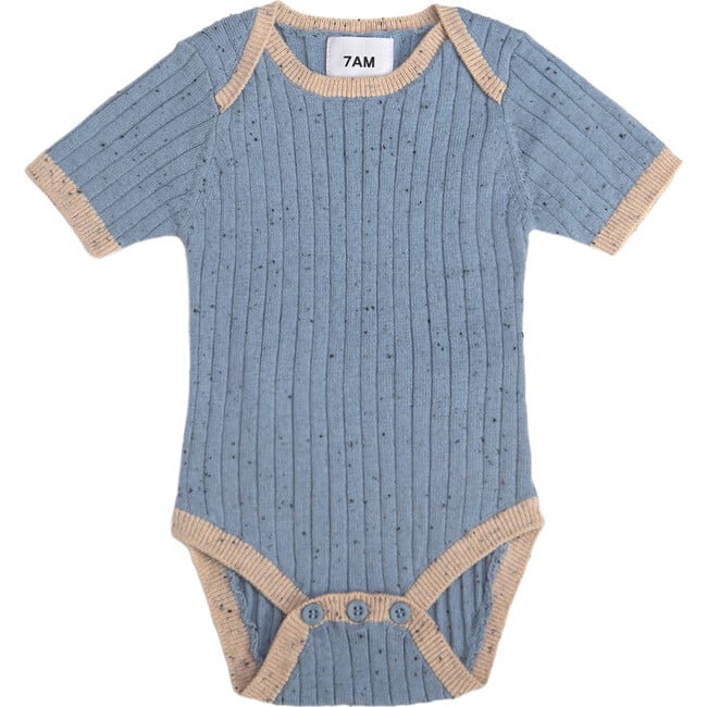 Ribbed Knit Short Sleeve Retro Bodysuit, Lake Blue