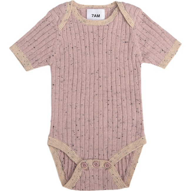 Ribbed Knit Short Sleeve Retro Bodysuit, Ash Rose