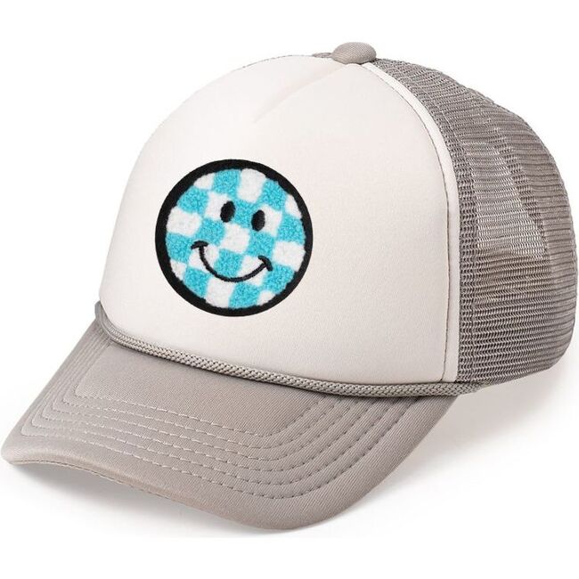 Smiley Checker Patch Trucker Hat, Grey