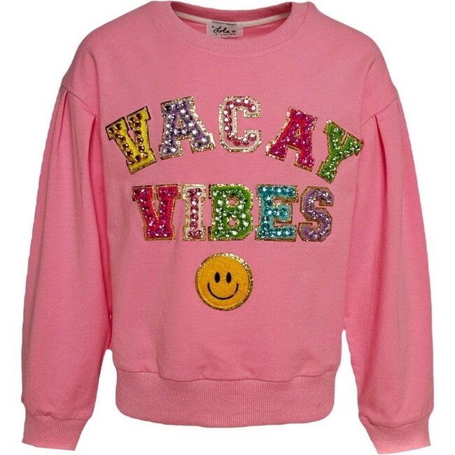 Vacay Vibes Crystal Gem Smiley Sweatshirt, Pink