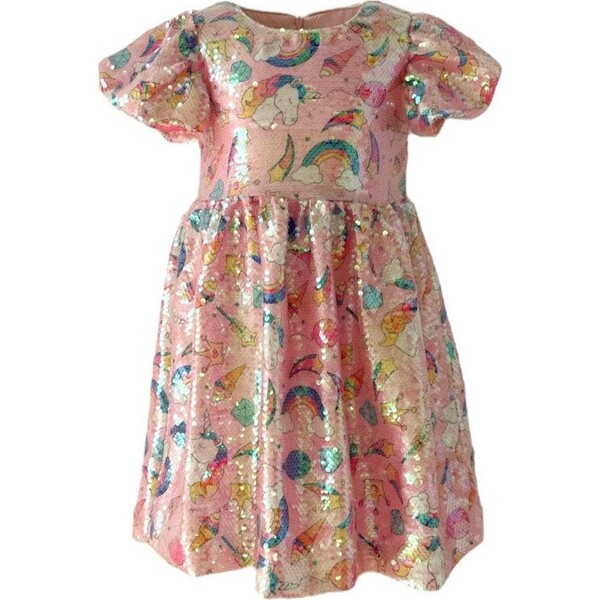 PLACE STUDIO ♥ Balloon Puff ylon Stopper Dress Unicorn Dream Sequin Short Puff Sleeve Dress, Pink - Lola +