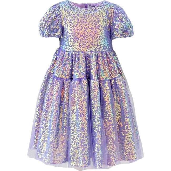 Sequin Daisy Short Puff Sleeve Dress, Lavender