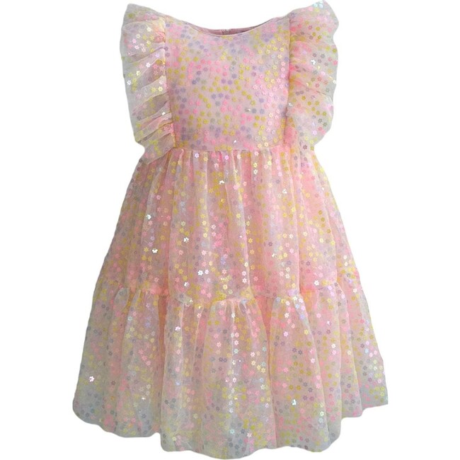 Sequin Daisy Ruffle Shoulder Tulle Dress, Multicolors