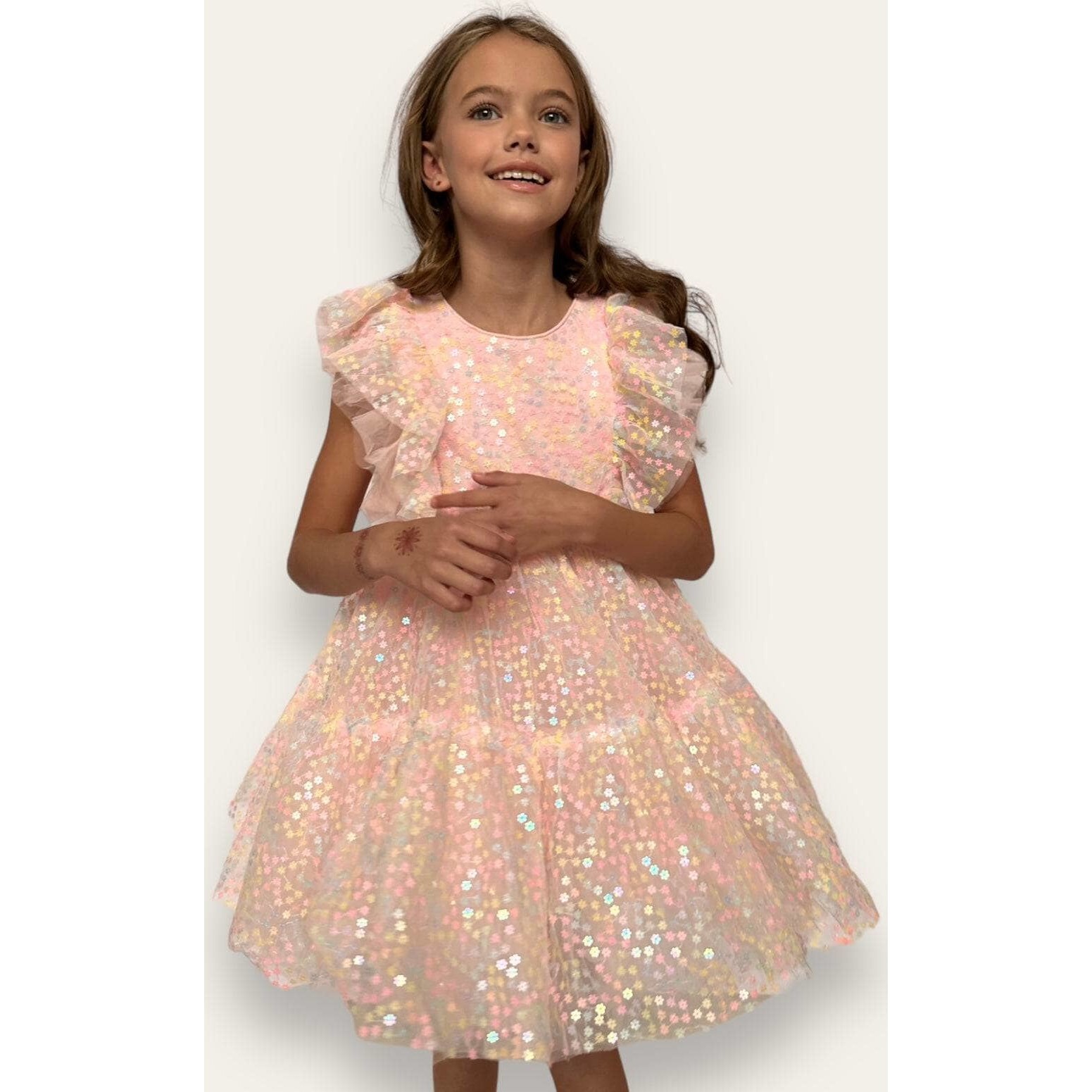 Sequin Daisy Ruffle Shoulder Tulle Dress, Multicolors - Lola