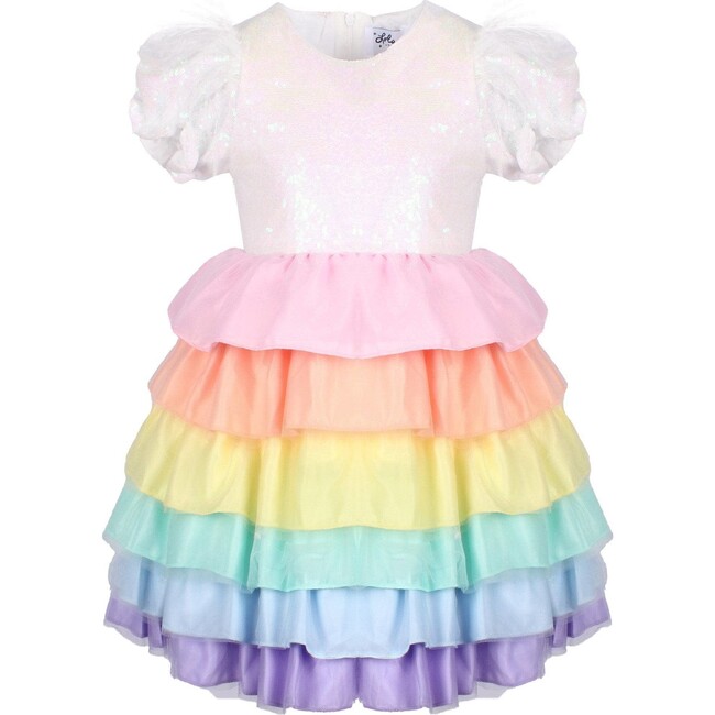 Satin Rainbow Dream Puff Sleeve Ruffled Tire Dress, Multicolors