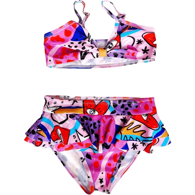 Ruffle Abstract Love 2-Piece Sleeveless & Ruffle Waist Bikini, Multicolors