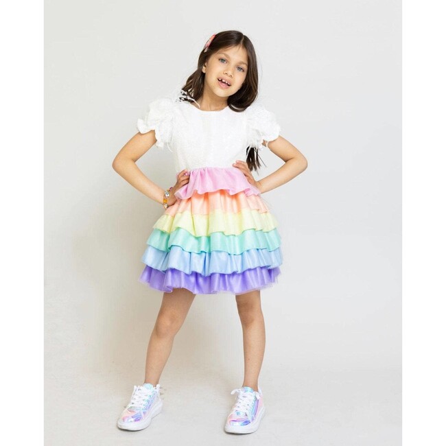 Satin Rainbow Dream Puff Sleeve Ruffled Tire Dress, Multicolors - Dresses - 2