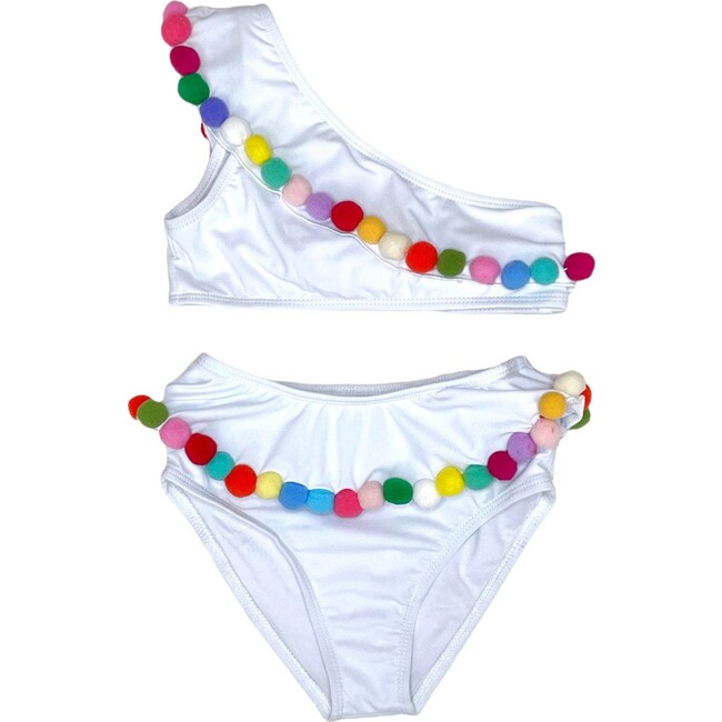 Rainbow Pompom One Shoulder Sleeveless Bikini, White