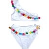 Rainbow Pompom One Shoulder Sleeveless Bikini, White - Two Pieces - 1 - thumbnail