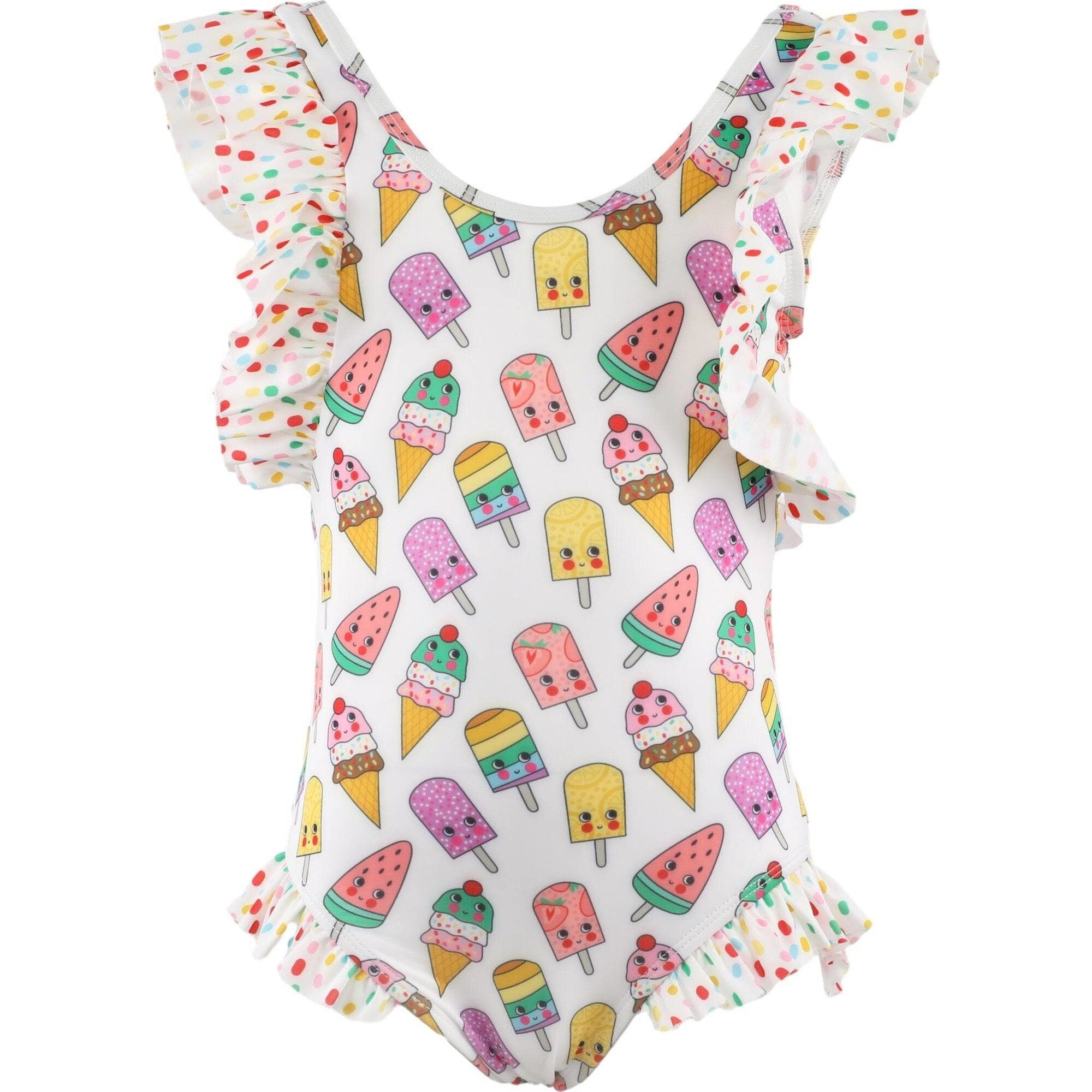 Rainbow Ice Cream Ruffle Sleeve One-Piece Swimsuit, White - One Pieces - 1