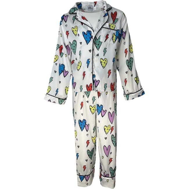 Rainbow Cheetah Heart Silk Pajama Set, White