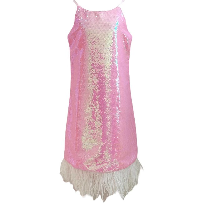Pretty Feather Hem Sleeveless Sequin Dress, Pink