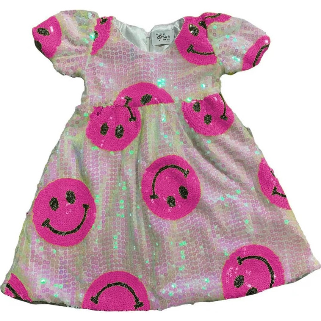 Pinkie Happy Emoji Short Puff Sleeve Dress, Pink - Dresses - 1
