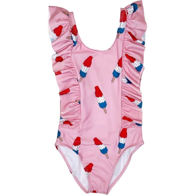 Pinkie Bomb Pop Ruffle Shoulder One-Piece Swimsuit, Pink