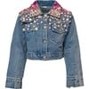 Sparkle Queen Rhinestone Gem Denim Crop Jacket, Blue - Jackets - 1 - thumbnail