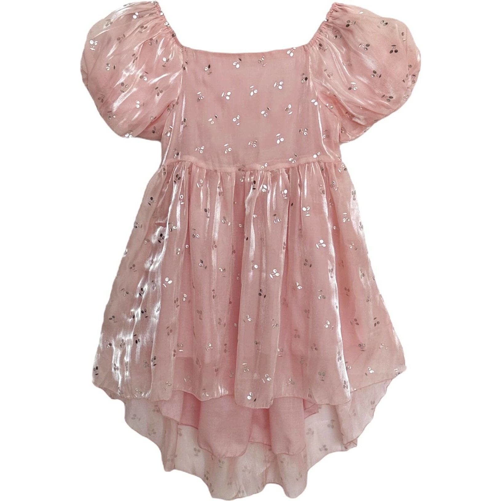 Shimmer Cherry Short Puff Sleeve Party Low Dress, Pink - Dresses - 1