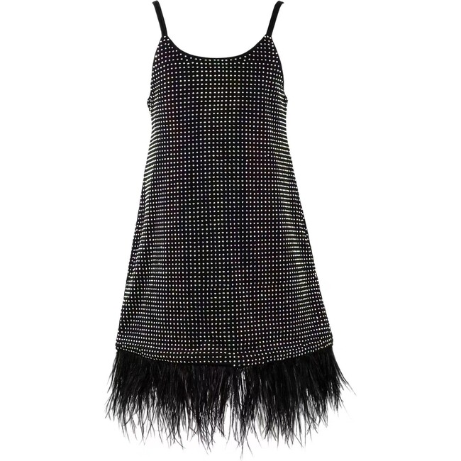 Midnight Crystal Feather Hem Sleeveless Dress, Black
