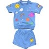 Happy Daisy Print 2-Piece Tee & Short Set, Blue - Mixed Apparel Set - 1 - thumbnail